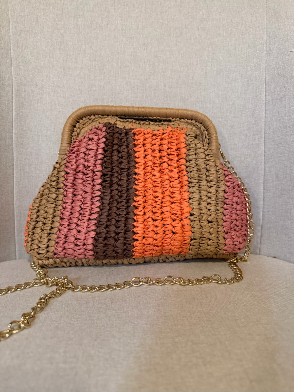 Woven Straw Crossbody Bag with Pink, Orange and Brown Stripes